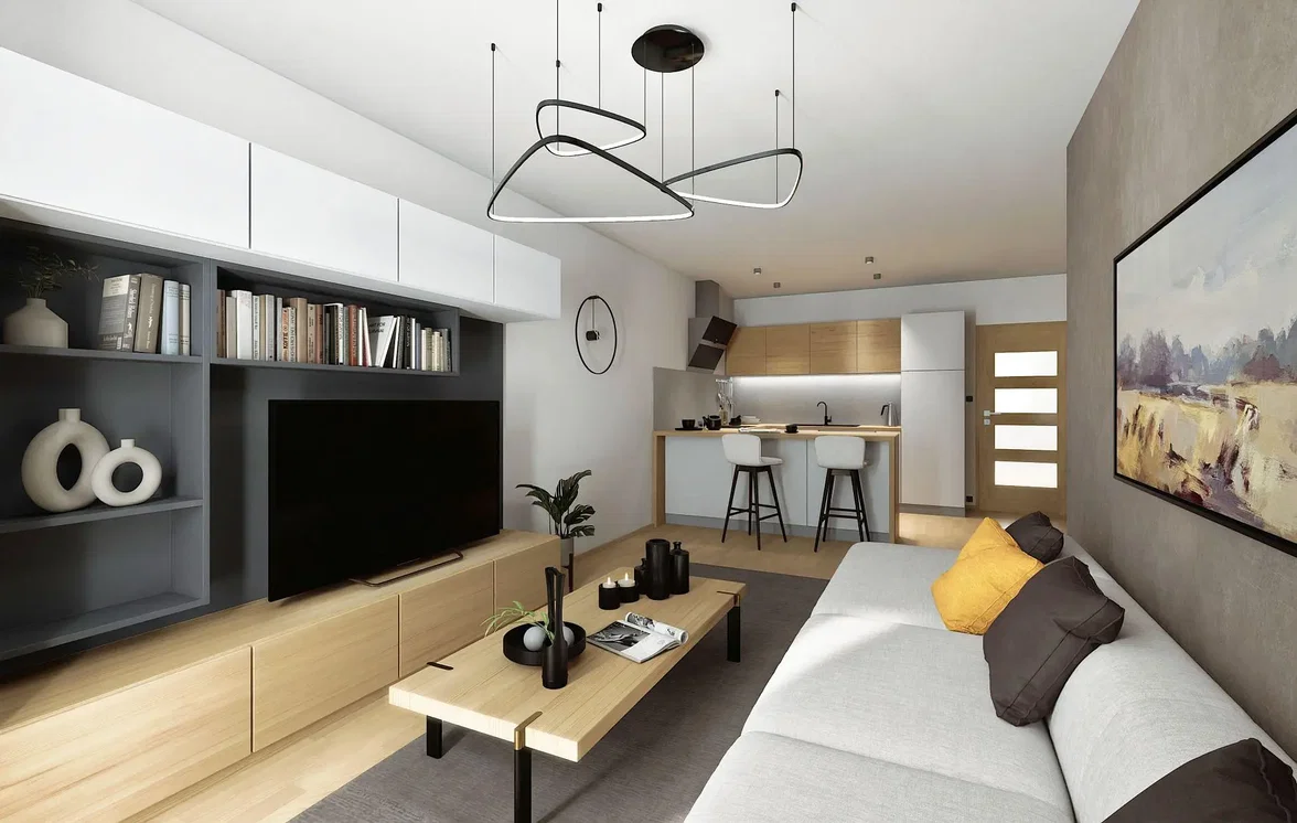 Living room; modern style, wood floor, natural light