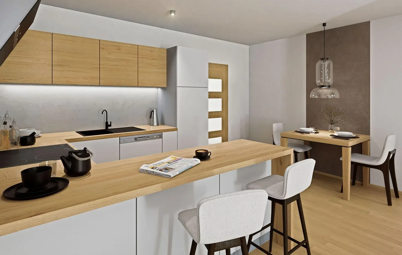 Kitchen; kitchen appliances, wood floor, natural light, modern style