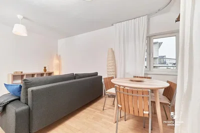 Living room; wood floor, natural light, modern style