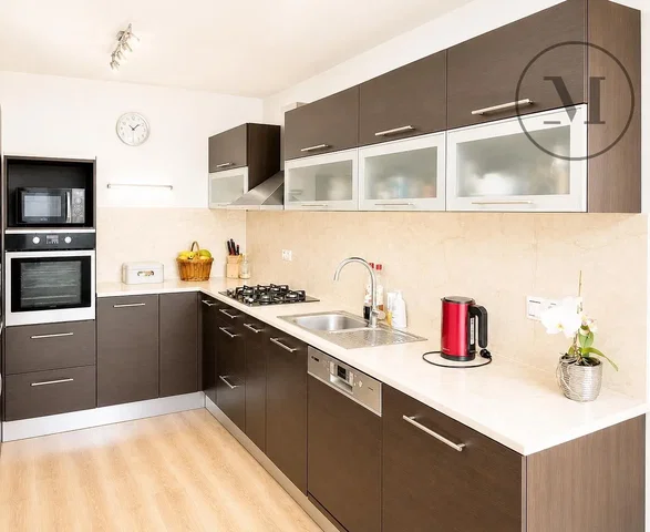 Kitchen; kitchen appliances, wood floor, natural light, modern style