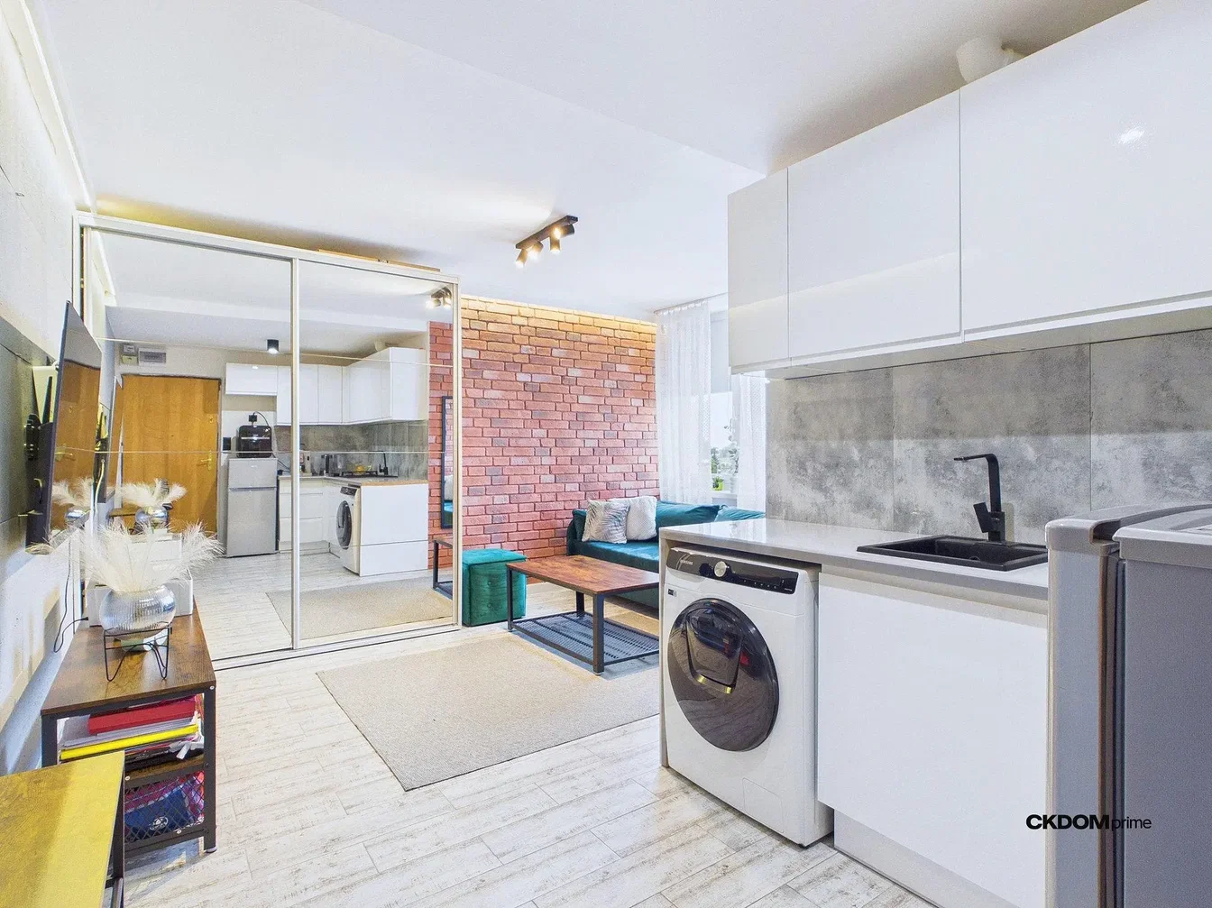 Living room; kitchen appliances, tile floor, natural light, modern style