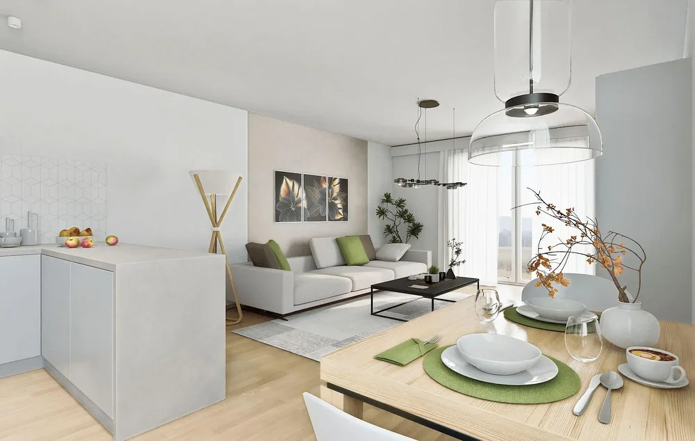 Salon; lumière naturelle, style moderne, parquet, électroménager