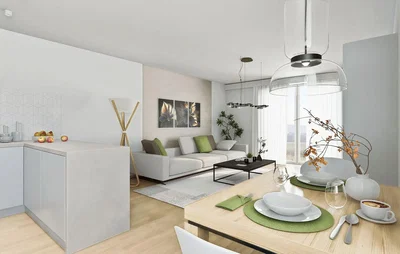 Salon; lumière naturelle, style moderne, parquet, électroménager