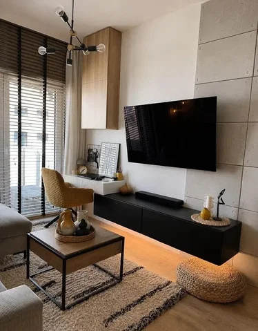 Salón; estilo moderno, suelo de madera, luz natural