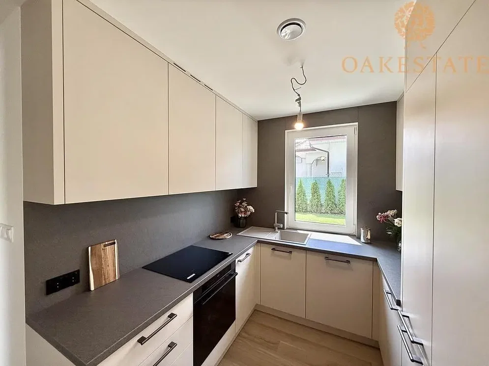 Kuchyně; kuchyňské spotřebiče, dřevěná podlaha, přirozené světlo, moderní styl
