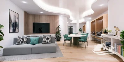 Soggiorno; luce naturale, pavimento in legno, stile moderno