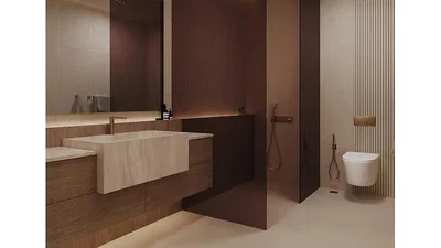 Toalet; drvene grede, renoviran, prirodno svjetlo, moderni stil, pločice
