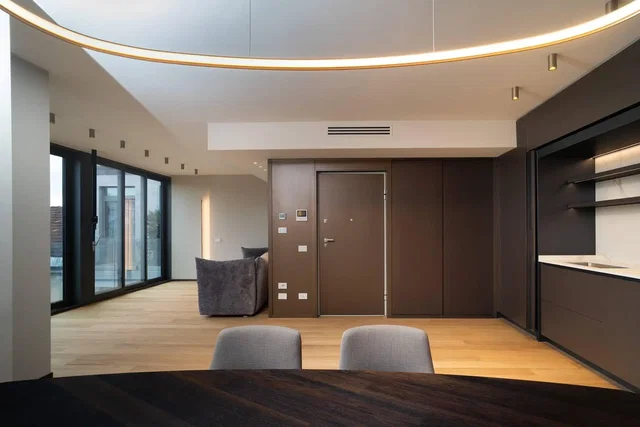 Living room; natural light, wood floor, high ceiling, renovated, modern style