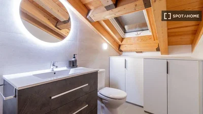 Toilette; holzbalken, renoviert, tageslicht