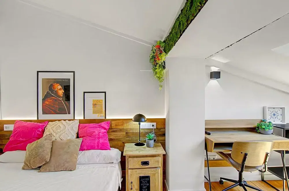 Bedroom; natural light, modern style, wood beams