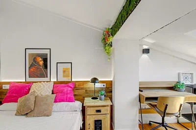 Bedroom; natural light, modern style, wood beams