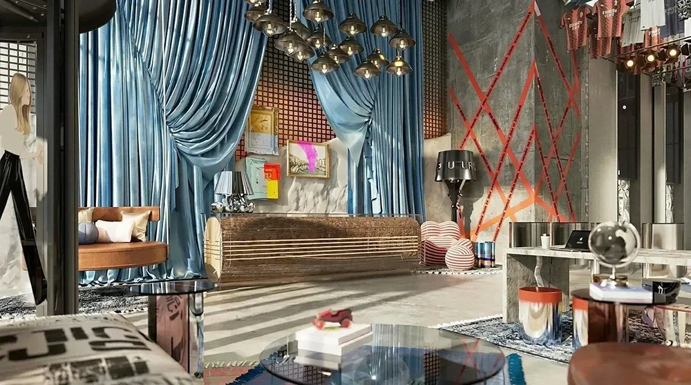 Salon; style moderne, hauteur sous plafond, lumière naturelle