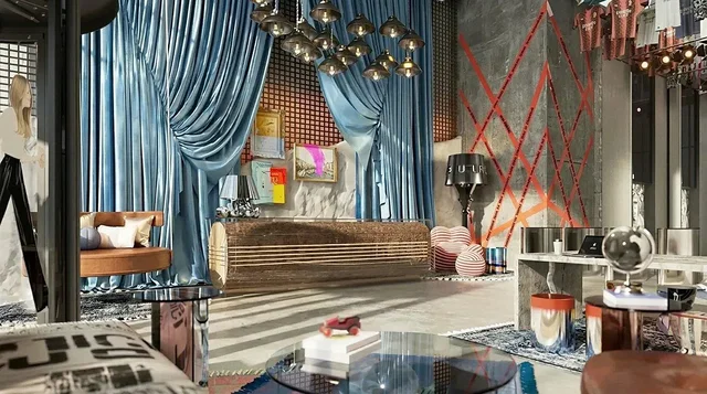 Salon; style moderne, hauteur sous plafond, lumière naturelle