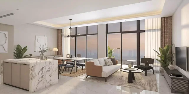 Woonkamer; uitzicht, keukenapparatuur, natuurlijk licht, moderne stijl, houten vloer