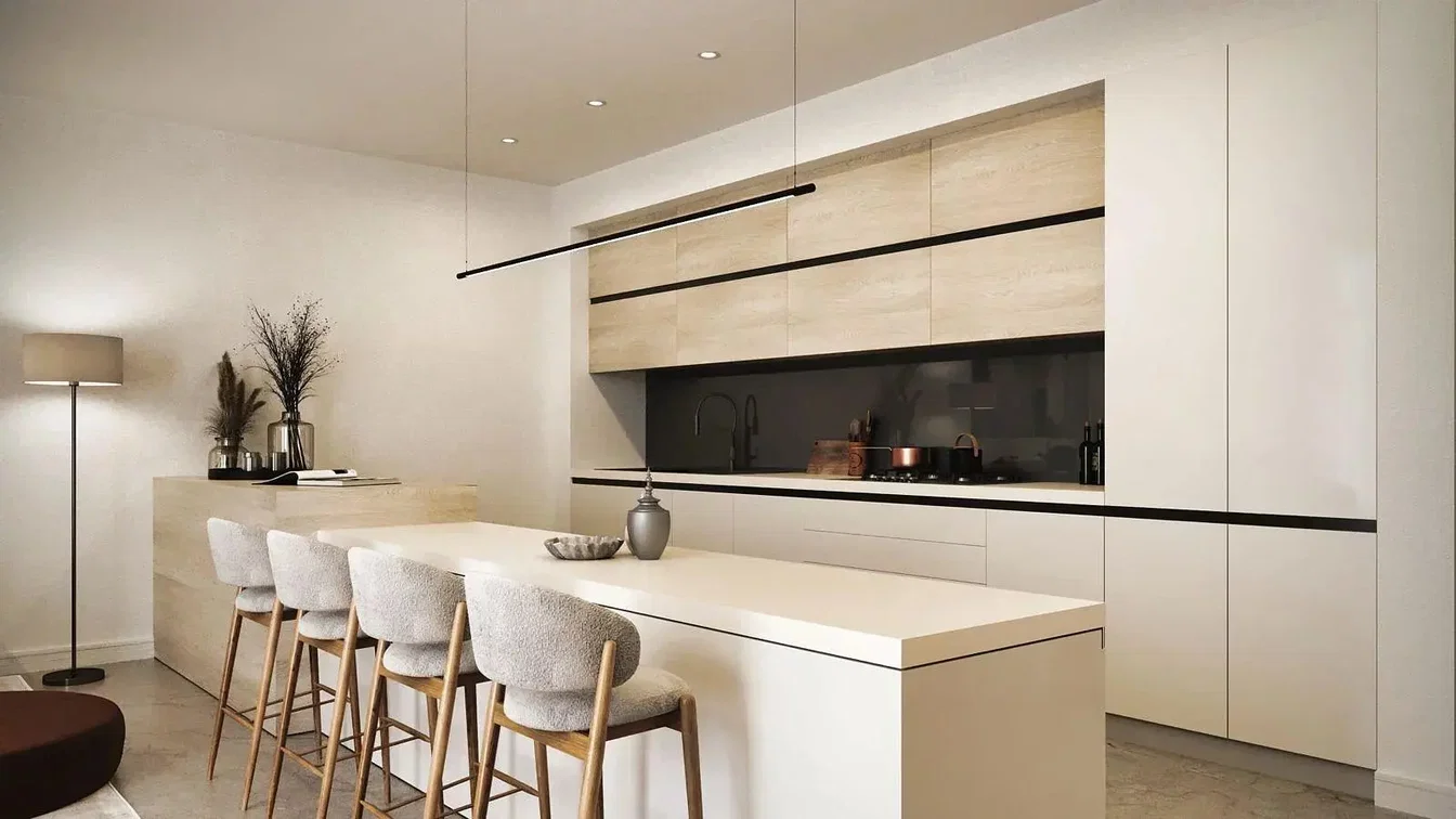 Küche; küchengeräte, holzboden, hohe decken, renoviert, tageslicht, moderner stil