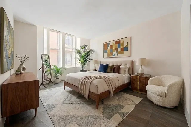 Camera da letto; luce naturale, stile moderno, pavimento in legno