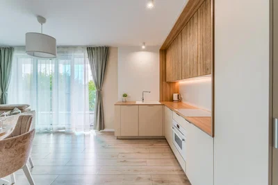 Cuisine; électroménager, parquet, lumière naturelle, style moderne