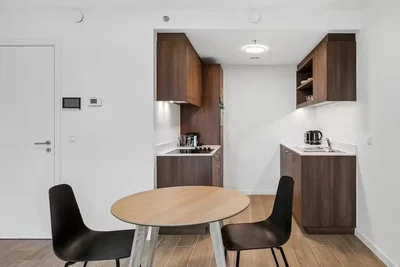 Cucina; elettrodomestici, pavimento in legno, luce naturale