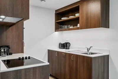 Cucina; elettrodomestici, pavimento in legno, ristrutturato, luce naturale