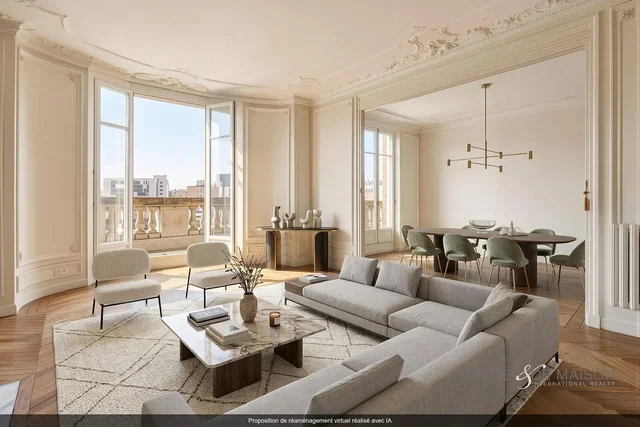 Living room; view, wood floor, high ceiling, natural light, modern style