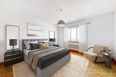 Schlafzimmer; tageslicht, holzboden, moderner stil