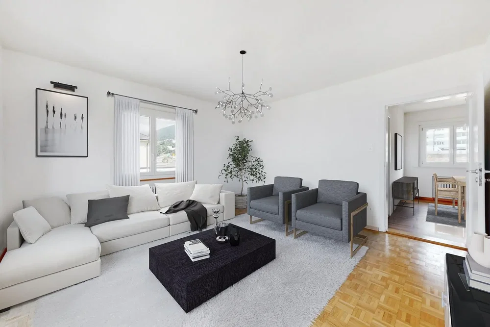 Wohnzimmer; tageslicht, moderner stil, holzboden