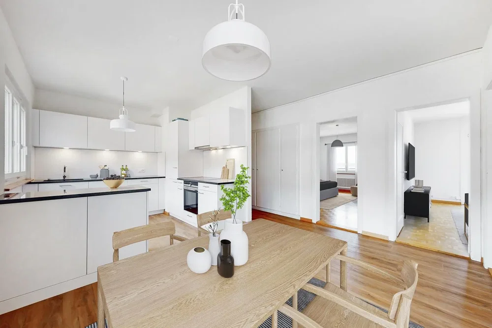 Küche; küchengeräte, holzboden, tageslicht, moderner stil
