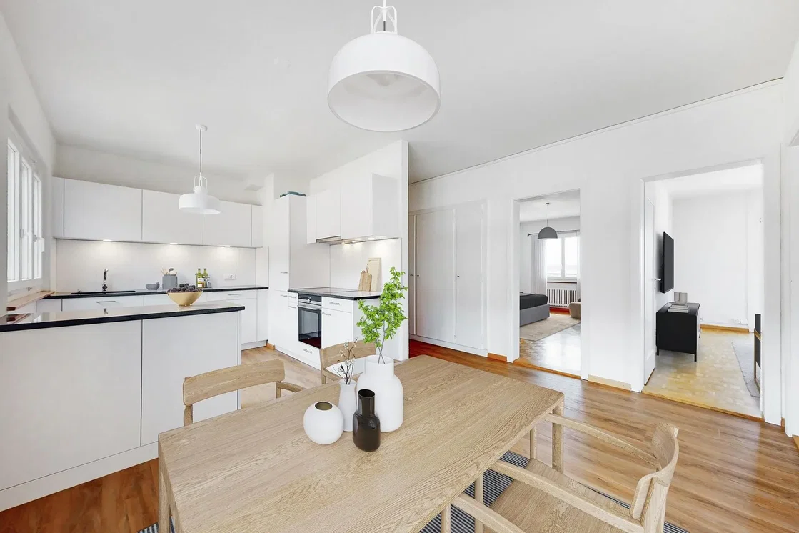 Küche; küchengeräte, holzboden, tageslicht, moderner stil