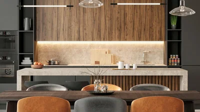Küche; küchengeräte, holzbalken, renoviert, moderner stil, tageslicht