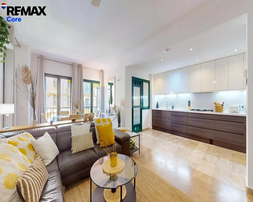 Wohnzimmer; blick, küchengeräte, tageslicht, moderner stil, fliesenboden