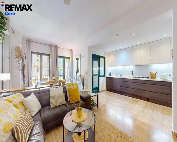 Living room; view, kitchen appliances, natural light, modern style, tile floor