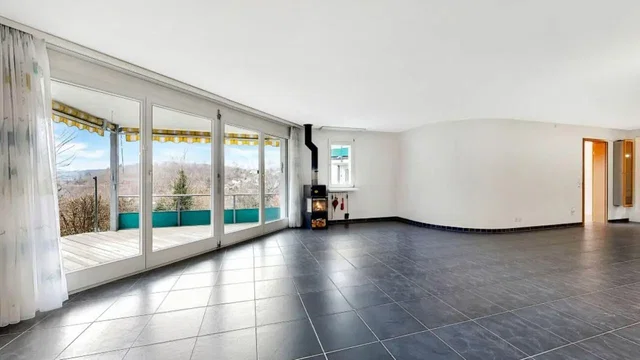 Living room; view, tile floor, fireplace, natural light