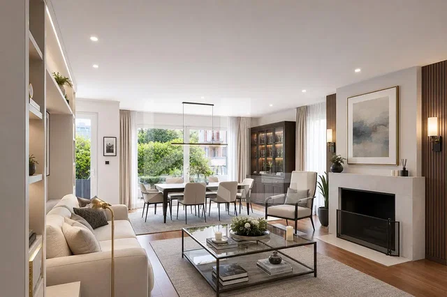 Living room; natural light, modern style, fireplace, wood floor