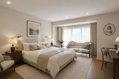 Dormitorio; suelo de madera, luz natural, estilo moderno