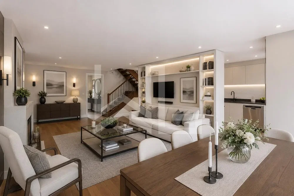 Salón; luz natural, estilo moderno, suelo de madera, electrodomésticos