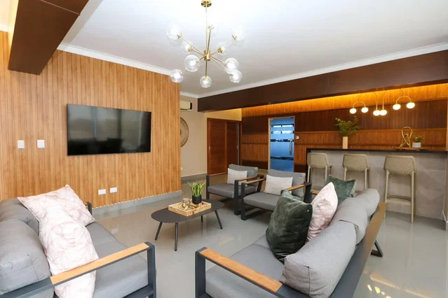 Living room; modern style, wood beams, natural light