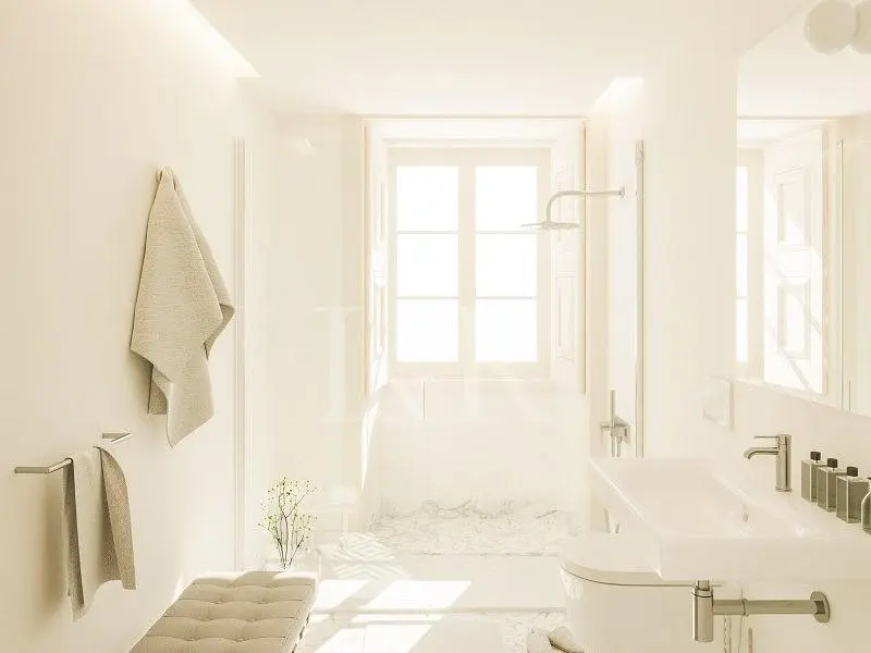 Banyo; doğal ışık, fayans zemin