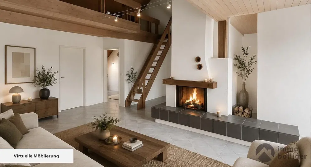 Wohnzimmer; kamin, holzbalken, tageslicht