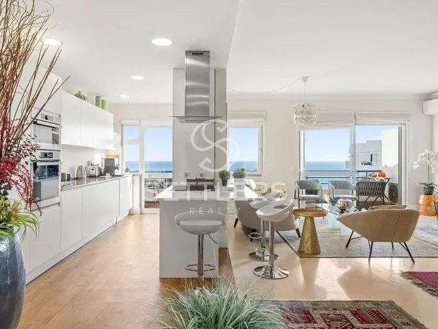 Wohnzimmer; blick, küchengeräte, tageslicht, moderner stil, holzboden