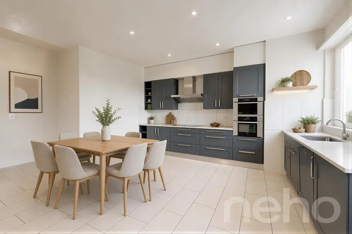 Keuken; keukenapparatuur, tegelvloer, natuurlijk licht, moderne stijl