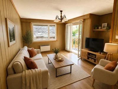 Woonkamer; natuurlijk licht, houten vloer, rustieke stijl
