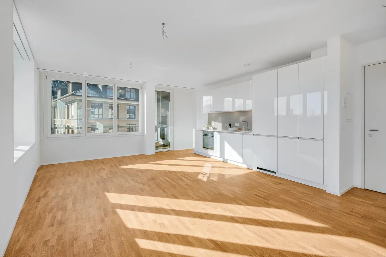 Wohnzimmer; holzboden, tageslicht, küchengeräte