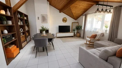 Wohnzimmer; tageslicht, moderner stil, holzbalken, fliesenboden