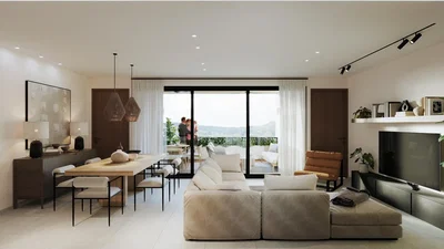 Oturma odası; manzara, doğal ışık, modern stil, ahşap zemin
