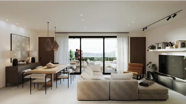 Oturma odası; manzara, doğal ışık, modern stil, ahşap zemin
