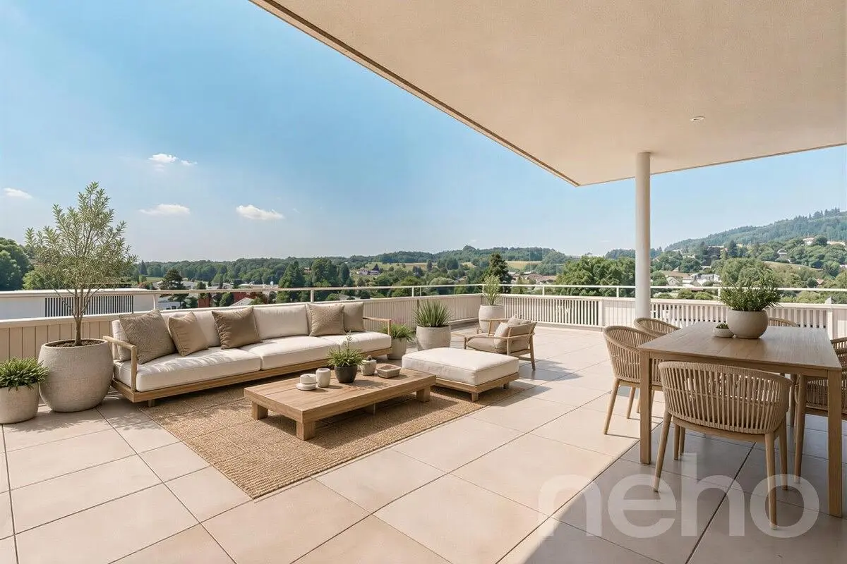 Terrasse; blick, fliesenboden, tageslicht, moderner stil