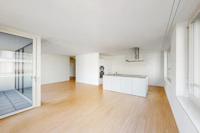 Wohnzimmer; holzboden, tageslicht, küchengeräte