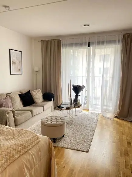 Oturma odası; ahşap zemin, doğal ışık, modern stil