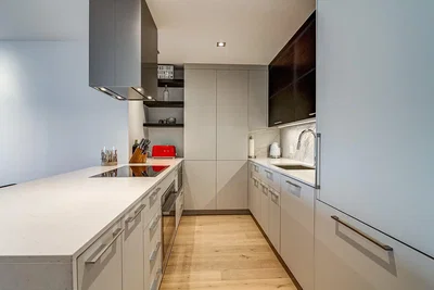 Cuisine; électroménager, parquet, lumière naturelle