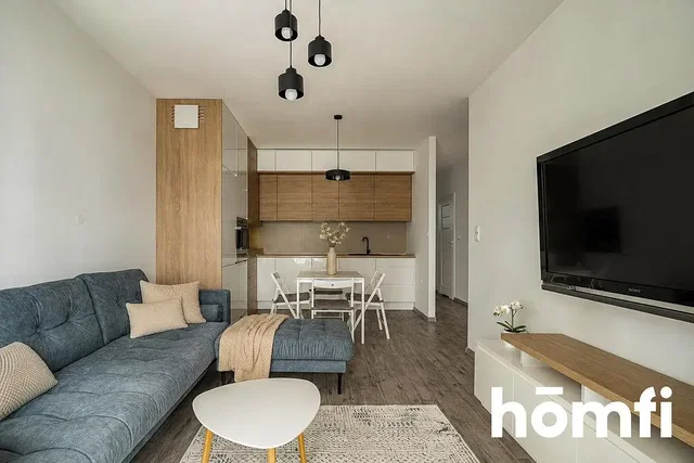 Living room; kitchen appliances, natural light, modern style, wood floor